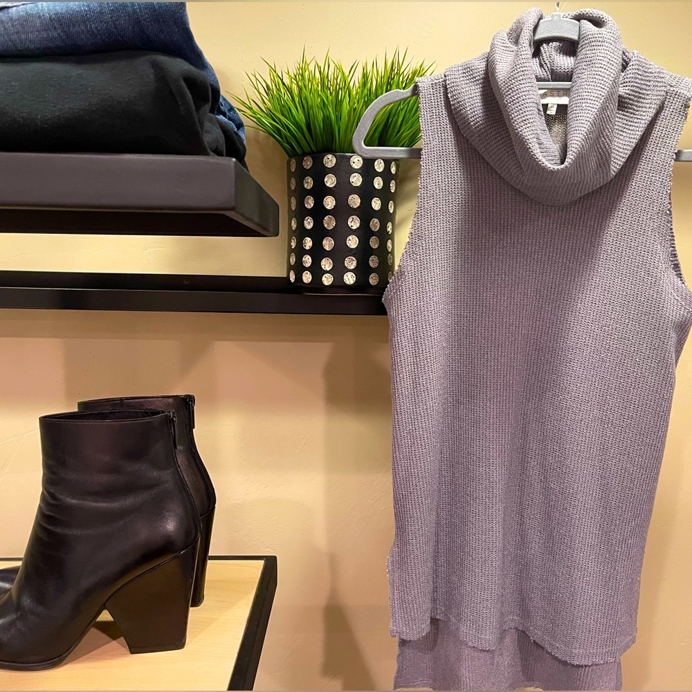 Sleeveless Turtleneck | Lightweight Knit | Grey | Raw Hems | High-Low Length